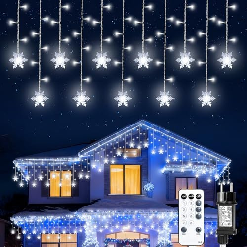 Eisregen Lichterkette Außen 10M, Schneeflocke LED Lichterketten Außen Strom, Weihnachtsbeleuchtung mit Timer, Fernbedienung,Wasserdicht, 8 Modi, für Dach Traufe Balkon Party Weihnachtsdeko-Kaltweiß