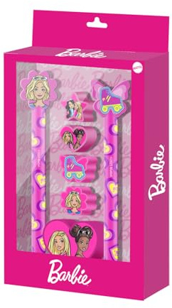Karactermania Barbie Mix-Confezione di Penna a Gel Cancellabile + Matita Eterna + 4 Gomme + Temperamatite, Rosa, 14 x 23 cm