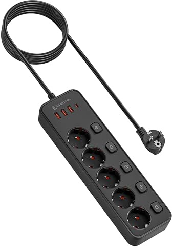 5 Fach Mehrfachsteckdose mit USB C, Steckdosenleiste mit Schalter, Schwarz | 9 in 1Mehrfachsteckdose Steckerleiste mit 3 USB und 1 USB-C,1.8M Kabel für Smartphones Tablets, Hause