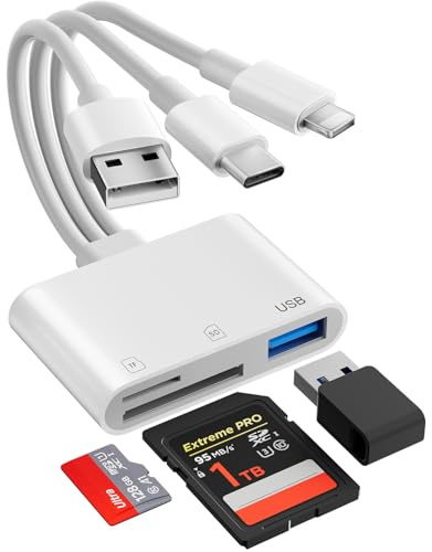 Lettore di schede SD multifunzionale per dispositivi iPhone Lightning/USB-C/USB-A – Adattatore per schede SD e Micro SD con porta USB OTG, supporta schede SD/Micro SD/SDHC/SDXC/MMC