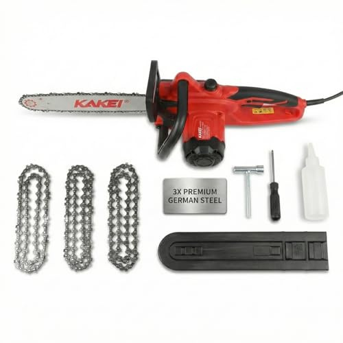 KAKEI 16-Inch 15-Amp Electric Chainsaw, 2200W Peak Power Corded Chain Saw with 3 German Steel Chains for Heavy Duty Wood Cutting