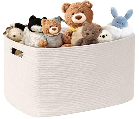 MYHOMMATTO 86L großer Wäschekorb geflochten mit Henkel, Weiß | Faltbarer Aufbewahrungskorb aus Baumwollseil für Spielzeug, Decken & Kleidung, Maße 60×40×36 cm für Wohnzimmer, Kinderzimmer