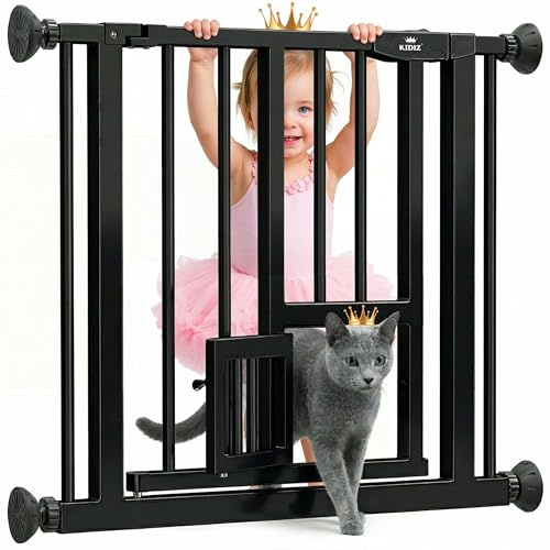 KIDIZ Absperrgitter zum Klemmen mit Katzenklappe, Türschutzgitter, Autoclose Kinder Treppengitter ohne Bohren | 90° Stopp Schutz, schwenkbar, Treppenschutzgitter, Schwarz, Breite: 81-87 cm