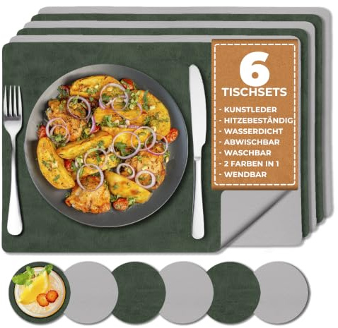 Manteles Individuales Doble Cara y Posavasos Set 6, Verde/Gris
