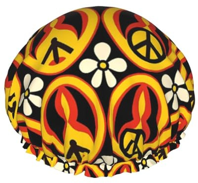 Peace Symbol Pattern With Flame And Flowers, Retro Design Double Layer Waterproof Shower Cap Reusable Long Hair Bathing Beauty Spa Essential