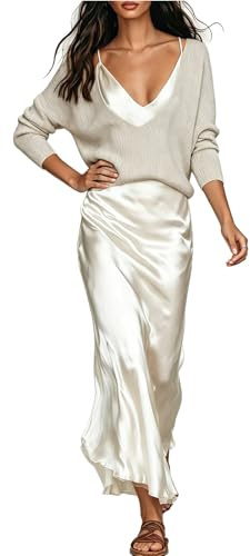 Generisch Abito da donna in raso, elegante cardigan bolero, due pezzi, abito da lavoro, abito da sera, abito da cocktail, abito midi per matrimonio, ospite e feste, elegante abito a tubino, beige., M
