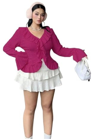 UJEDFHV volangblus för kvinnor rosa blus med V-ringning för kvinnor, elegant, volang, utsvängda ärmar, hjärturringning, bubble, avslappnad, chic, topp för extra stor storlek för att jämföra