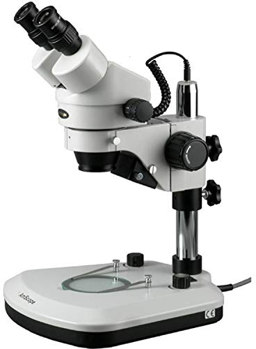 AmScope SM-1BX-PL Professional Binocular Stereo Zoom Microscope, WH10x Eyepieces, 3.5X-45X Magnification, 0.7X-4.5X Zoom Objective, Upper and Lower LED Lighting, Pillar Stand, Includes 0.5x Barlow Lens