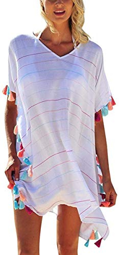 TBSCWYF Femmes Robes d'été Plage Couvrir Pompons Lâches Tops Beachwear Rayure Mini Robes Plage Boho Maillots de Bain Cache-Maillots de Bikini Plage (B)