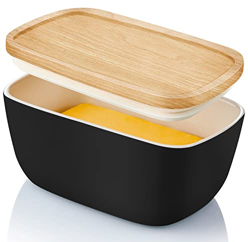 ALELION Ceramic Butter Container with Airtight Wooden Lid - Black Butter Keeper Crock for Countertop - Holds Up To 3 Sticks