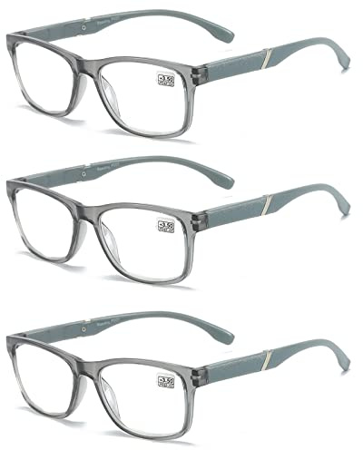 MMOWW Occhiali da Lettura Uomo Donna Confezione da 3 - Occhiali Ultraleggeri con Cerniere a Molla (Grigio, +2.5)