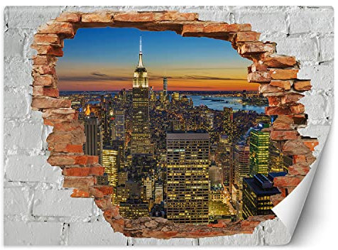 Feeby Fototapete Loch in der Wand Stadt 200x140 cm Orange XXL Vlies Wandtapete Tapeten Wohnzimmer Schlafzimmer Büro Flur Moderne Design Wandbilder Wand Dekoration Empire State Building New York