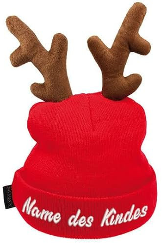 Generisch Winterstrickmütze Kindermütze mit Namen bestickt personalisiert für Kinder 3-6 J Rentiermütze Weihnachten Strickmütze