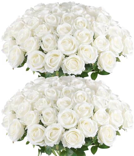 Hananona Artificial Roses in Bulk, Fake Velvet Silk Roses Realistic Rose for Wedding Centerpieces Flower Arrangement Home Decor (50, White)