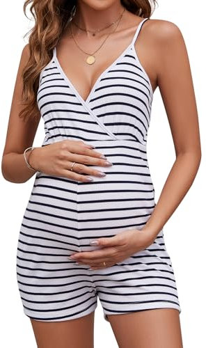 Brynmama Tuta da maternità Estiva a Righe con Spaghetti Strap, Senza Maniche Scollatura a V per Donne Gravidanza Righe Navy, S
