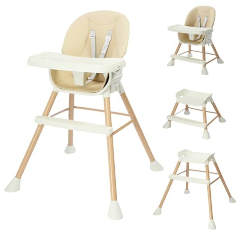 Bonnlo 4-in-1 Convertible Baby High Chair, Adjustable Height Highchair with Removable Double Trays and 5-Point Harness, Multi-Functional Feeding Chair for Toddlers 6-36 Months (Beige)