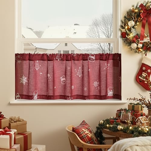 TOPICK Scheibengardinen Küche Weihnachtsgardinen Küchengardinen Scheibengardinen Landhausstil Bistrogardine modern Weihnachten, H40xB125 cm Scheibengardine Wohnzimmer Schlafzimmer Rot 1 Stück