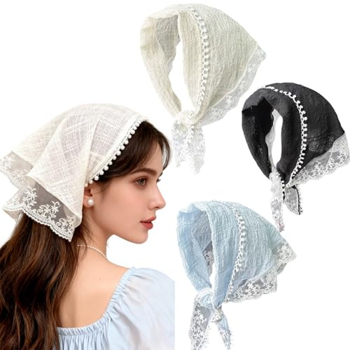 Pewosrid Hair White Bandanas, Chic Lace Triangle Head Scarf for Women Girls Hair, Vintage Stylish Kerchief Bandana Headband (3 Pcs-Headscarf White &Blue & Black)