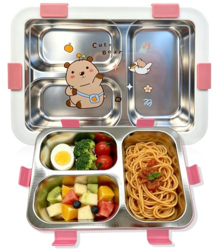 GVMJHYK Fiambrera Infantil de Acero Inoxidable 304 con 4 Compartimentos – Hermética con Tapa, Irrompible, Suave, Libre de BPA – Apta para Microondas y Lavavajillas – Ideal para el Colegio (Capibara)