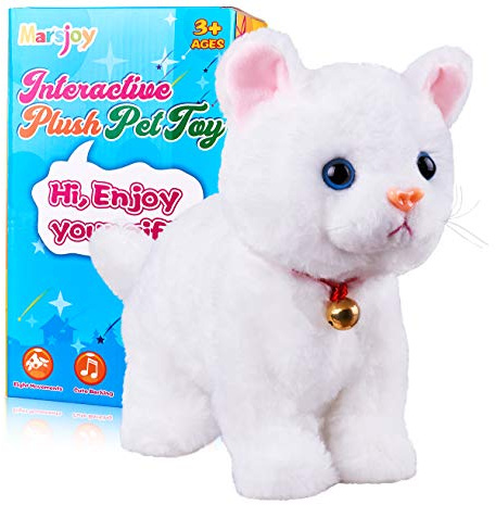 Marsjoy White Plush Animal Cat Stuffed Interactive Cat Robot Toy, Barking Meow Kitten Touch Control, Electronic Pet, Cat Kitty Toy, Animated Toy Cat for Girl Kids L:12 * H:8 * W:5