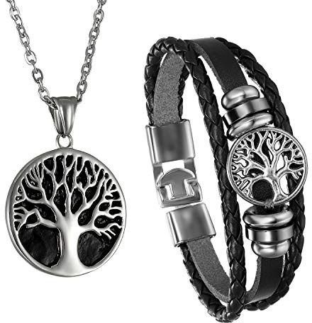Cupimatch Halskette Lebensbaum Wikinger Armband Herren Schmuck Set Edelstahl Leder Kordelarmband Kette für Männer Jungen, Schwarz Braun