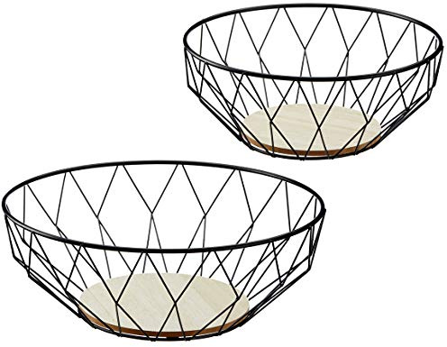 Bada Bing 2er Set Metall Korb mit Holzboden - Obstkorb Schwarze Drahtschale Rund in 2 Größen - moderner Aufbewahrungskorb aus Metall und Holz - Metallkorb Dekokorb Dekoration