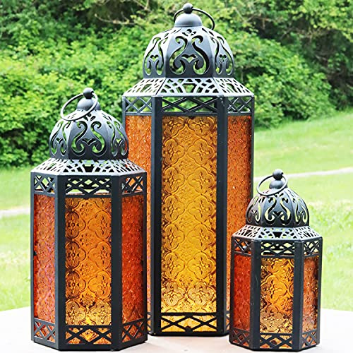 VELA LANTERNS marockansk ljuslykta dekorativ uppsättning av 3 för golv, ramadandekorationer, heminredning inomhus, utomhus uteplats eller veranda, halloween, bröllop, bärnsten
