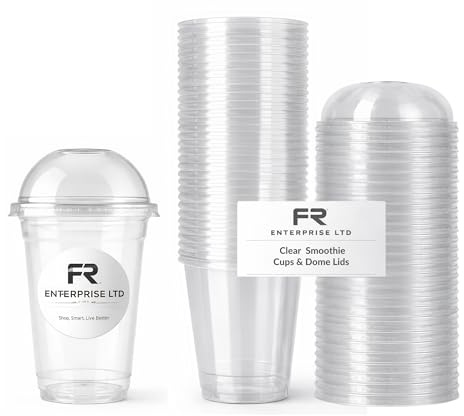 FR Enterprises Strong Clear Smoothie Cups with Dome Lids - 500 Pack 16oz (473ml) Milkshake Reusable Plastic Cups for Iced Tea, Coffee, Cold Drinks