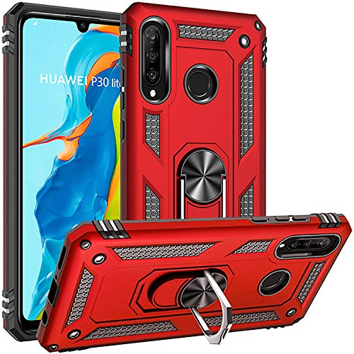 Fetrim Hülle für Huawei P30 Lite, doppellagig stoßfest Schutzhülle mit Drehring Ständer für Huawei P30 Lite rot