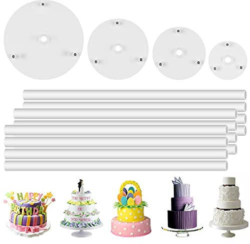 DOERDO DD 4 Tier Cake Separator Plates and 12 Pieces Cake Dowel Rods Set | Food-Grade Plastic Cake Separator Plates, 12 Cuttable Support Dowel Rods, Reusable Stacking Set