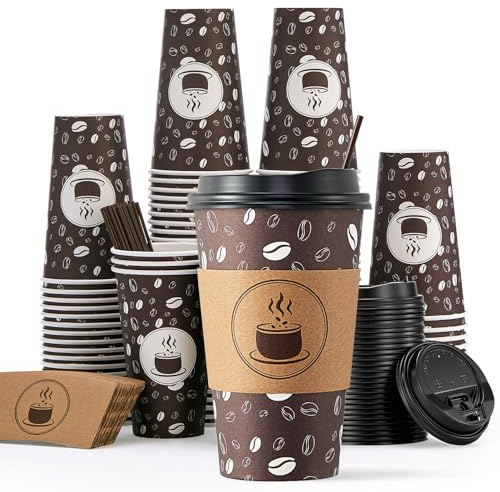 JOLLY PARTY Disposable Coffee Cups with Lids, Sleeves and Straws - 16oz(100 Pack) Paper Coffee Cups with Lids, Durable, BPA Free Hot Cup for Shops, Cafes, and Concession Stands(Dark Brown)