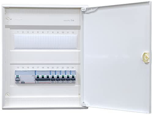 Hager Aufputzverteiler 2-reihig VA24CN ANSCHLUSSFERTIG verdrahtet mit Klemmblock. Bestückung 1x FI 4-pol. + 1x 3pol + 5x 1pol LS B16A