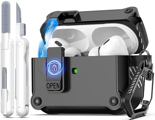 R-fun für AirPods Pro 2 Generation Hülle (Auto Pop-Up-Deckel) mit Reinigungsset, Design für Airpods Pro 2./1. Generation (2023/2022/2019), für Airpods Pro Hülle (USB-C/Lightning-Kabel),Schwarz