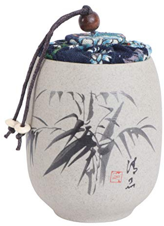 Kichvoe Boîte à Thé en Céramique Grossière Portable de Style Chinois | Couvercle en Tissu, Décor Bambou Peint à Main, Usage Maison ou Anniversaire, Format Compact