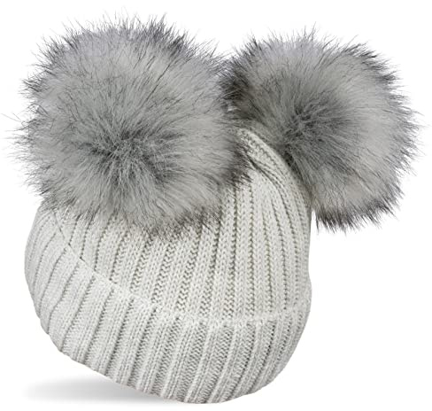 styleBREAKER Cappello a Maglia con 2 Pom Pom in Pelliccia Sintetica e Fodera in Pile, Cappello Invernale, Berretto a Maglia, 2-5 Anni 04024203, Colore:Grigio Chiaro