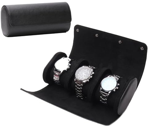 Rudmox Uhrenetui, Luxus-Leder-Uhrenrolle, 3 Fächer, Schmuckaufbewahrung, Geschenke für Mann und Frau, Weihnachten, Jahrestag, Geburtstag (schwarz, 3 Steckplätze)