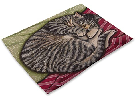 Tovagliette Colazione Gatto Rosso Verde Tovagliette Americane Cotone Lino Tovaglietta Americana Lavabili Sotto Piatti da Tavola Antiscivolo Sottopiatti Resistente Al Calore 30x45 8 Pcs