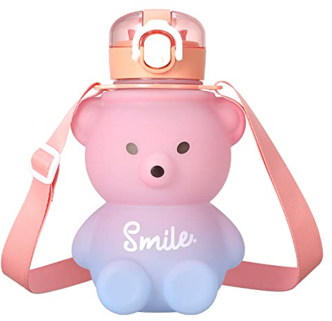 Smilcloud Kawaii Water Bottle With Straw, Bear Drinking Bottle 800ml Leak-Proof Water Cup Bottles with Shoulder Strap for Teens Kids Girls Travel School Office (FBWOY6255)