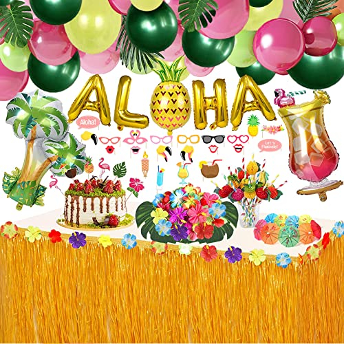 WOHOT 162 Pezzi Gonna Tavolo Hawaiana Aloha Arco Ghirlanda Palloncini, Foglie di Palma Fiori Hawaiani Cake Topper per Il Partito Hawaiano Decorazioni (162 pcs)