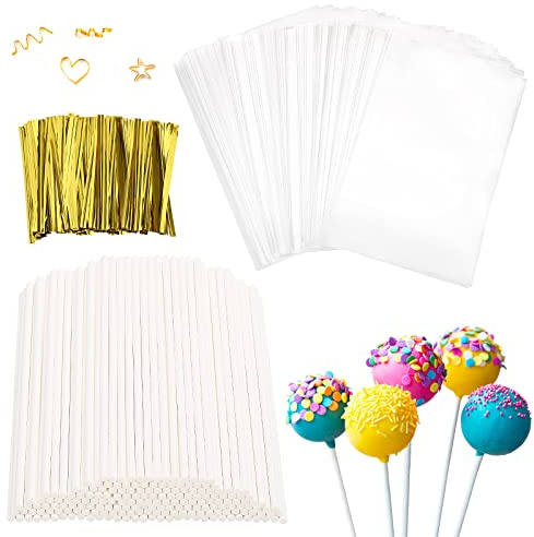 600 Pcs Cake Pop Sticks and Wrappers Kit, Including 6 Inch Paper Lollipop Sticks，4 x 6 Inches Clear Candy Treat Bags, Plastic Cake Pop Bags and Gold Twist Ties Chocolate Pops Making Accessories