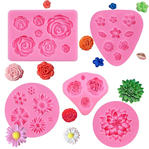 Xingrun 5 Stück Silikonform Blüten Blumen Silikonformen silikonform Fondant Rosen Mini 3D Blumen Formen Silikon Silikonform Rose Backformen Set für Schokolade Marzipan Kuchen Gelee Muffin Süßigkeiten