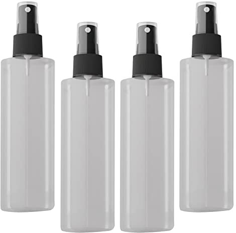 LusDoly Pack of 4, Empty 200ml Transparent Plastic Fine Mist Atomiser Bottles with Black Sprayer Empty Water Spray Bottles for Cleaning Solutions, Gardening
