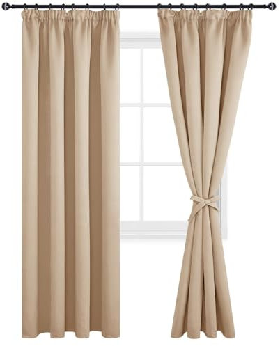 DWCN Pencil Pleat Curtains Blackout Curtains for Bedroom Thermal Insulated Room Darkening Curtain for Living Room 46 x 90 inch Length, Beige, 2 Panels