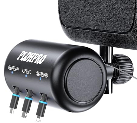 Retractable Car Backseat 3 in 1 Multi Charging Station Box with USB Type C Lightner Retractable Cables for All Phones | iPhone | Samsung | Android | Uber | Share Ride Customer Charging Dock