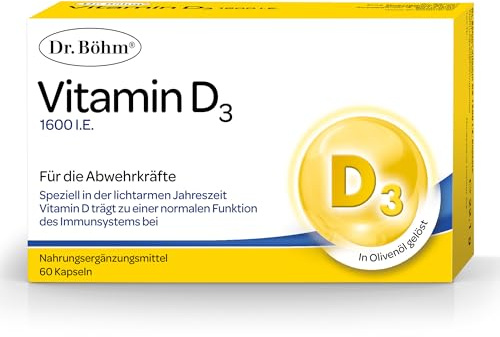 Dr. Böhm Vitamin D3 1600 I.E.: Für ein starkes Immunsystem, gesunde Knochen & Zähne, mit Vitamin D3, Vitamin E & nativem Olivenöl mit hohem Omega-9-Anteil, 60 Kapseln | fürein starkes Immunsystem, mit nativem Olivenöl für gute Aufnahme, frei von Laktose, Gluten und Schweinegelatine