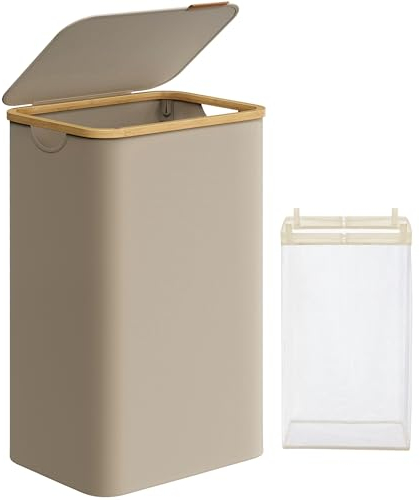 SONGMICS Cesto Portabiancheria con Coperchio, Cesta per Bucato, 90L, Salvaspazio, Sacco Rimovibile, Tessuto Oxford, Manici di Bambù, Pieghevole, 42 x 32 x 70,5 cm, Marrone Cammello LCB509N01V1