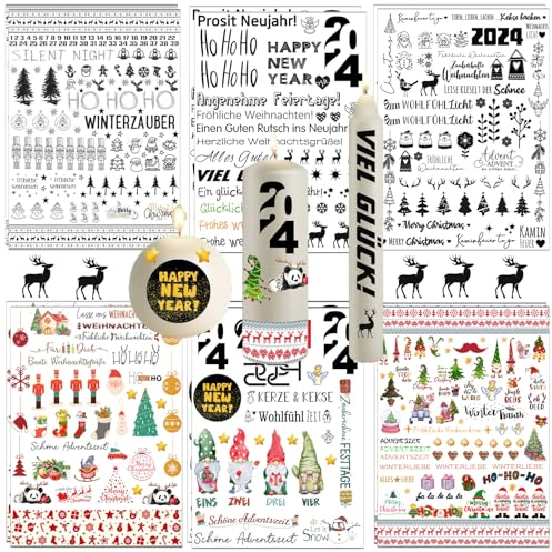 ZELAITE 12PCS Weihnachten Kerzentatoo, kerzentattoos weihnachten, Kerzen dekorieren, wasserschiebefolie kerzen, kerzen beschriften folie, kerzentattoos stabkerzen sprüche für Glückslicht (B)