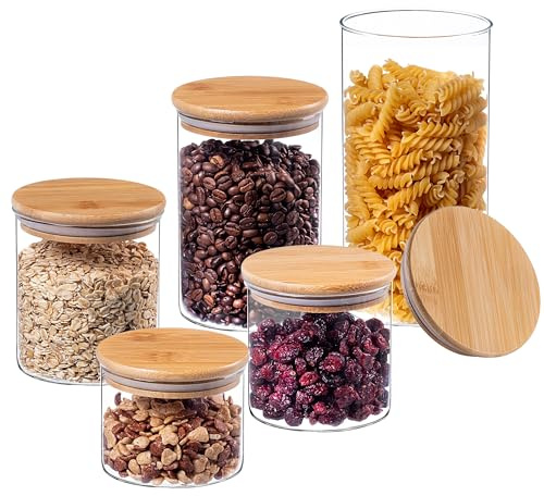 KADAX Lot de 5 Bocal en verre avec couvercle en bambou, bocaux de rangement résistants au lave-vaisselle, bocaux de conservation hermétiques, bocal de rangement pour spaghetti, farine, céréales ou