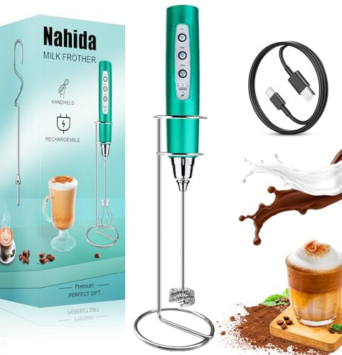 Nahida Espumador de leche turquesa para espumador de café de mano con soporte, batidor eléctrico con 3 cabezales, 3 velocidades, mezclador de bebidas, espumador de café, máquina de espuma para latte,