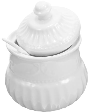 Milisten Decorative Ceramic Sugar Jar with Spoon for Family Restaurant Use | White Embossed Leaf Relief, Exquisitely Crafted Finish, Candy Serving Plate Included, Easy to Clean